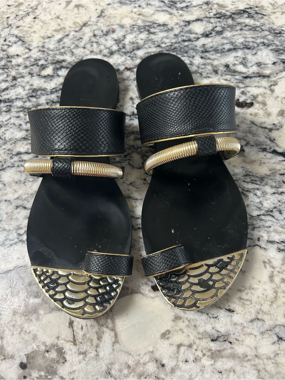 Black and Gold Flat Slide Sandals with Toe Loop